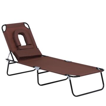 Outsunny Sun Lounger Foldable Reclining Chair With Pillow And Reading Hole Garden Beach Outdoor Recliner Adjustable Brown