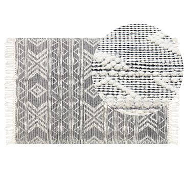 Area Rug White And Black Wool 160 X 230 Cm Geometrical Pattern With Tassels Hand Woven Living Room Bedroom Boho Modern Beliani
