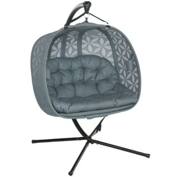 Outsunny Outdoor Double Hanging Chair With Cushion And Cup Holders, Charcoal Grey