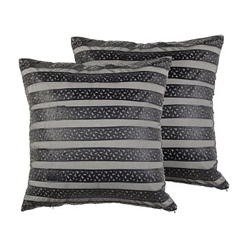 Set Of 2 Decorative Cushions Black Faux Leather Striped 45 X 45 Cm Geometric Pattern Glamour Decor Accessories Beliani