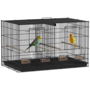 Pawhut Bird Cage With Divider, 4 Wooden Perches, Slide Out Tray, 4 Feeders, For Budgie, Lovebird, Canary, 76 X 46 X 46cm, Black