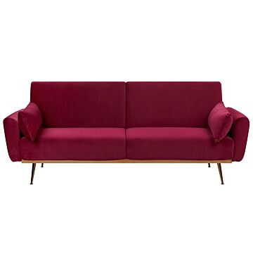 Sofa Bed Dark Red Velvet 3 Seater Metal Legs Additional Cushions Retro Beliani