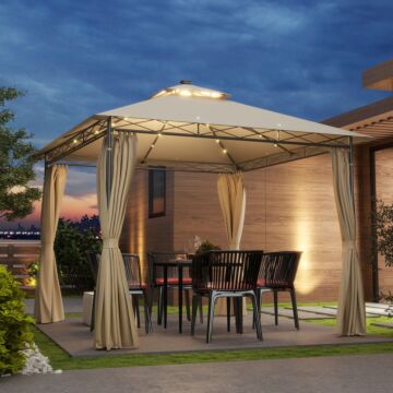 Outsunny 3 X 3 M Garden Gazebo, Double Roof Metal Gazebo With Curtains And Solar-powered Led Lights, Outdoor Gazebo Canopy Shelter For Patio, Deck, Beige