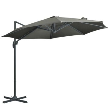 Outsunny 3 X 3(m) Cantilever Parasol With Cross Base, Garden Umbrella With 360° Rotation, Crank Handle And Tilt For Outdoor, Patio, Grey