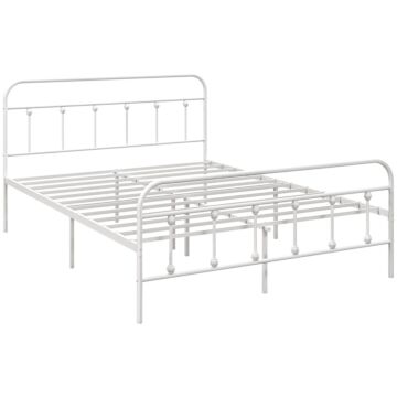 Homcom 4ft Double Platform Bed Frame With Underbed Storage Tall Headboard Steel Slat No Box Spring Needed Easy Assembly White