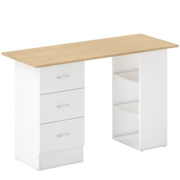 Homcom Computer Desk, Writing Table, Pc Workstation With 3 Storage Shelves And Drawers, Silver Handle, For Home Office, Natural Wood Finish And White