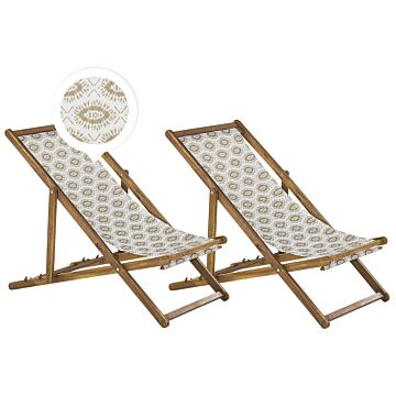 Set Of 2 Garden Deck Chairs Light Acacia Wood Frame Beige Replacement Fabric Hammock Seat Reclining Folding Sun Lounger Beliani