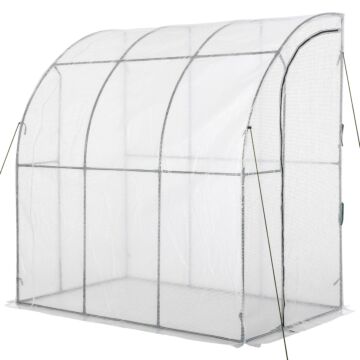 Outsunny Outdoor Walk-in Lean To Wall Greenhouse With Zippered Roll Up Door And Pe Cover, 214l X 118w X 212hcm, White
