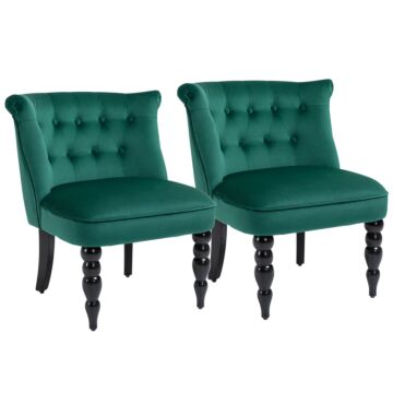 Homcom Velvet Accent Chair Set Of 2, Button Tufted Wingback Chair With Rubber Wood Legs For Living Room, Bedroom, Dark Green