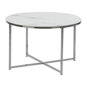 Coffee Table Round Marble Effect White Silver Base 70 Cm Glam Modern Minimalist Beliani