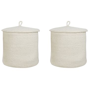 Set Of 2 Storage Baskets Off-white Cotton Striped With Lid Laundry Bins Boho Accessories Beliani