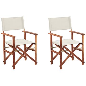 Set Of 2 Garden Director's Chairs Dark Wood With Off-white Acacia Fabric Folding Beliani