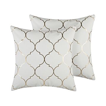 Set Of 2 Decorative Cushions White Cotton 45 X 45 Cm Quatrefoil Pattern Foil Print Moroccan Clover Glamour Decor Accessories Beliani