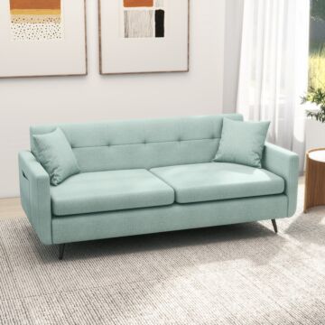 Homcom 165cm 2 Seater Sofa, Modern Fabric Couch, Tufted Loveseat Sofa Settee W/ Steel Legs, 2 Storage Pockets, Blue