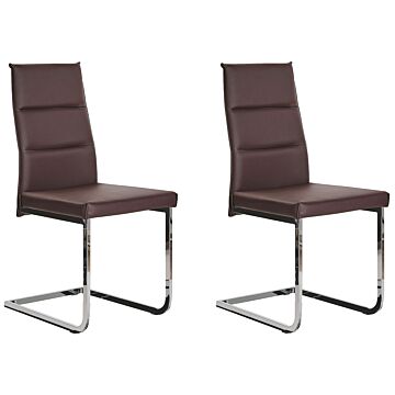 Set Of 2 Dining Chairs Dark Brown Faux Leather Upholstered Cantilever Silver Legs Armless Modern Design Beliani