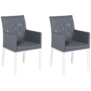 Set Of 2 Garden Chairs Grey Textilene Upholstery Aluminium White Legs Quick Dry Foam Beliani