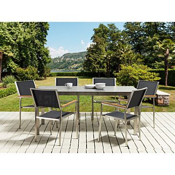 Garden Dining Set Black Granite Effect Tabletop Glass Stainless Steel Frame Set Of 6 Chairs Textilene Modern Outdoor Style Beliani