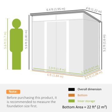 Outsunny 6.5 X 4ft Galvanised Metal Shed With Foundation Kit, Lockable Tool Garden Shed With Double Sliding Doors, Vents, Light Grey Wood Effect