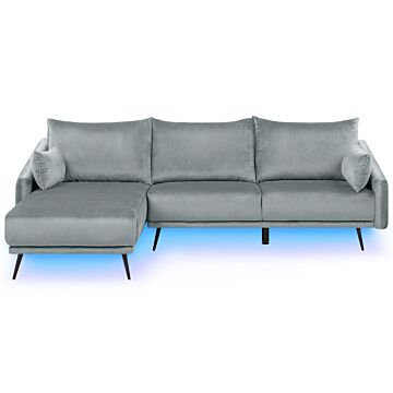 Corner Sofa Grey Velvet With Led Lights Right Hand L-shaped 3 Seater With Chaise Longue Metal Legs Modern Living Room Beliani