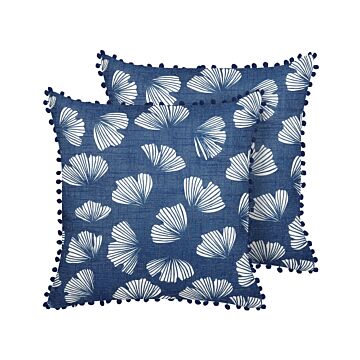 Set Of 2 Decorative Cushions Dark Blue Polyester 45 X 45 Cm Leaf Print Ginkgo Biloba Glamour Pompoms Decor Accessories Beliani