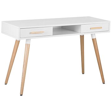 Desk White 120 X 45 Cm 2 Drawers Shelf Solid Wood Legs Scandinavian Beliani