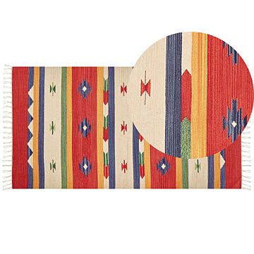 Klim Area Rug Multicolour Cotton 80 X 150 Cm Cut Shuttle Handwoven Floor Wall Rug Geometric Reversible Pattern Tassels Beliani