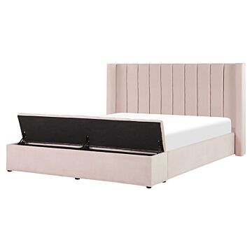 Eu King Size Panel Bed Pastel Pink Velvet 5ft3 Slatted Base High Headrest With Storage Bench Beliani
