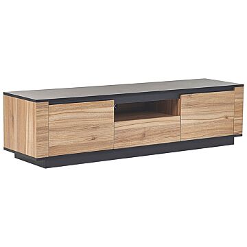 Tv Stand Light Wood And Black Mdf 1 Drawers 2 Cabinets Cable Grommet Modern Style Beliani