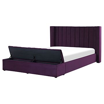 Eu King Size Panel Bed Violet Velvet 5ft3 Slatted Base High Headrest With Storage Bench Beliani