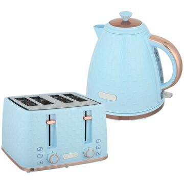 Homcom Kettle And Toaster Set, 1.7l 3000w Fast Boil Jug Kettle, 4 Slice Toaster With 7 Level Browning Controls, Light Blue