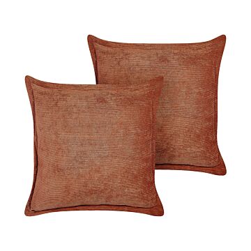 Set Of 2 Golden Brown Decorative Pillows Corduroy 43 X 43 Cm Modern Traditional Living Room Bedroom Cushions Beliani