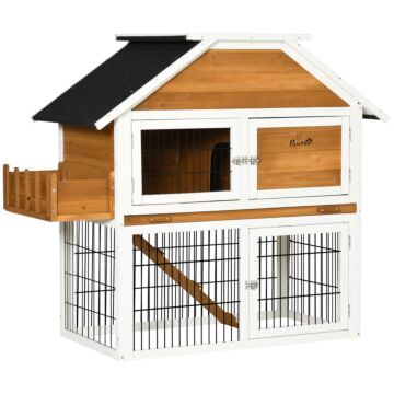 Pawhut 2 Tier Wooden Rabbit Hutch, Guinea Pig Cage, Bunny Run, Small Animal House With Plant Box, Slide-out Tray, Ramp, 123 X 58 X 106cm, Natural