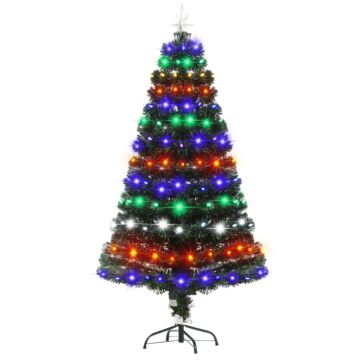 Homcom 5ft Pre-lit Fiber Optic Christmas Tree W/ Star Tree Topper, Solid Metal Base, 170 Branch Tips, 6 Color Led Lights Home Decoration - Green