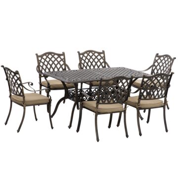 Outsunny 6-seater Patio Dining Set With Umbrella Hole, Cast Aluminum Patio Furniture Set With Six Cushioned Chairs And Rectangle Dining Table, Bronze