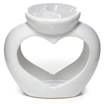 Ceramic Heart Shaped Double Dish And Tealight Oil And Wax Burner - White