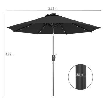 Outsunny Φ2.7m Garden Parasol Solar Outdoor Tilt Sun Umbrella Patio Sun Shade W/ 24 Led Light, Hand Crank And 8 Ribs, Black
