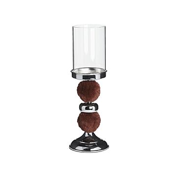 Candle Holder Silver Metal Pillar With Brown Faux Fur Glass Shade 38 Cm Accent Piece Decoration Table Centrepiece Beliani