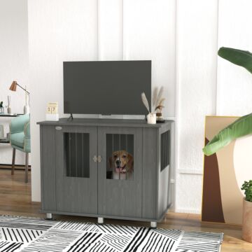 Pawhut Dog Crate Table For Medium And Large Dogs With Magnetic Door For Indoor Use, 100 X 55 X 80 Cm, Grey