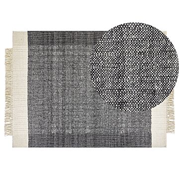 Area Rug Black And Off-white Wool 140 X 200 Cm Rectangular Hand Woven With Tassels Modern Design Beliani