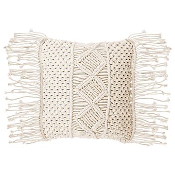 Decorative Cushion Beige Cotton Macramé 40 X 45 Cm With Tassels Rope Boho Retro Decor Accessories Beliani