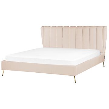 Bed Frame Beige Velvet Upholstery Golden Metal Legs Eu Super King Size 6ft With Usb Port Headboard Modern Glam Bedroom Beliani