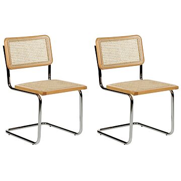 Set Of 2 Dining Chairs Light Wood And Natural Rattan Cantilever Silver Legs Armless Retro Design Beliani