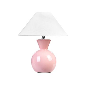 Table Lamp Pink Ceramic Glossy Base Fabric Shade Night Lamp Desk Light Modern Design Beliani