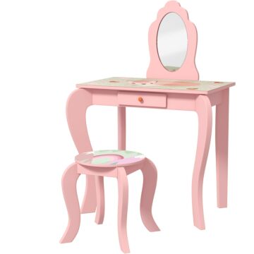 Zonekiz Kids Dressing Table With Mirror And Stool, Girls Vanity Table Makeup Desk With Drawer, Cute Animal Design, For 3-6 Years - Pink