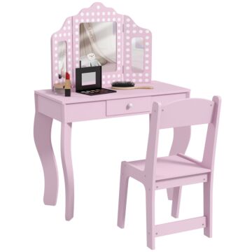 Aiyaplay Kids Dressing Table Sets With Stool And Tri-fold Mirror, Drawer For Playroom, Bedroom - Pink