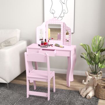 Aiyaplay Kids Dressing Table Sets With Stool And Tri-fold Mirror, Drawer For Playroom, Bedroom - Pink