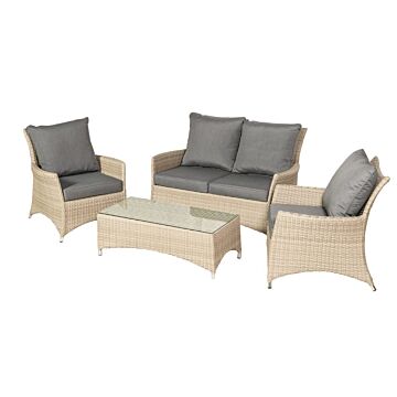Lisbon Deluxe 4 Seater 4pc Lounging Coffee Set 
2 Seater Sofa, 2 Armchairs With Coffee Table Including Cushions