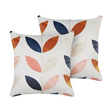 Set Of 2 Decorative Cushions Off-white Velvet 45 X 45 Cm Leaf Pattern Boho Decor Accessories Beliani