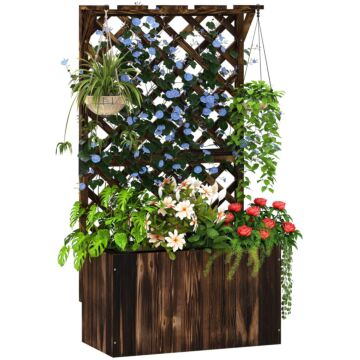 Outsunny Wooden Planter With Trellis, Freestanding Raised Garden Bed With Drainage Holes, Outdoor Planter Box With Liner For Vegetables, Herbs And Flowers, Carbonised