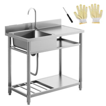 Homcom Outdoor Stainless Steel Kitchen Sink, Freestanding Sink Single Bowl With Cold And Hot Water Pipe And Storage Shelves